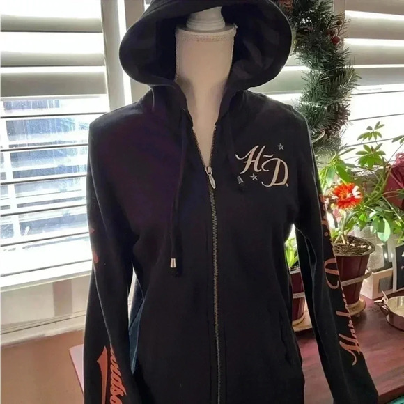 Preloved Vintage Black Harley Davidson embellished Zip Up Hoodie - Picture 2 of 6
